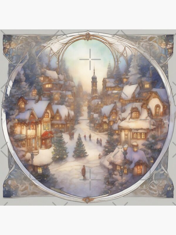 Christmas Village in Morning Snow with Art Nouveau Border Greeting Card - Image 2