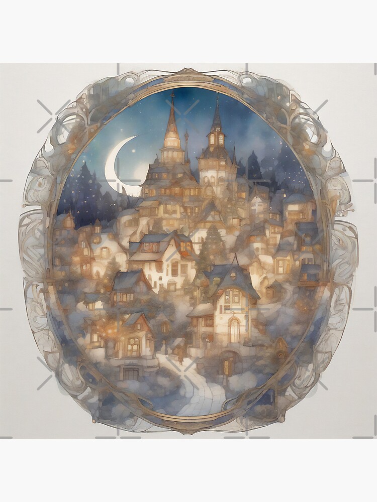 Snowy Christmas Village with Moon and Nouveau Border Greeting Card - Image 2
