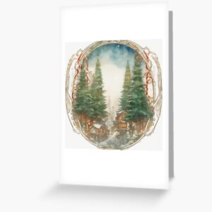 Cozy Winter Cottages in a Pine Forest: Nouveau Charm Greeting Card