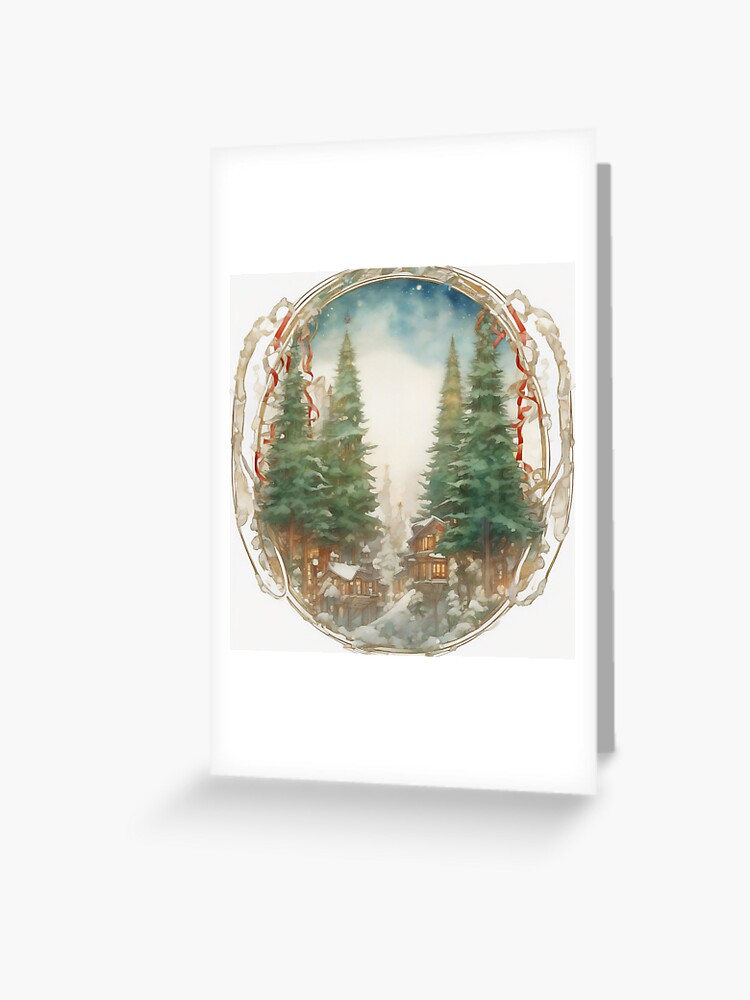 Cozy Winter Cottages in a Pine Forest: Nouveau Charm Greeting Card
