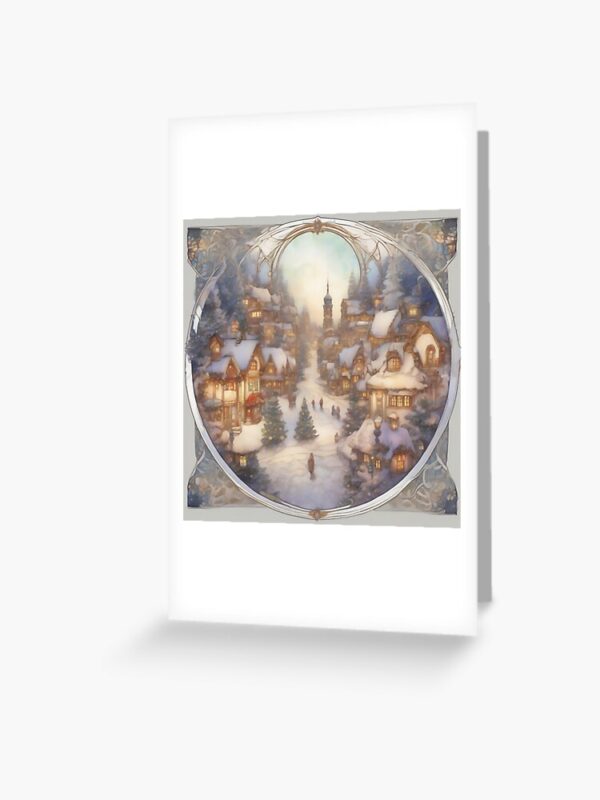 Christmas Village in Morning Snow with Art Nouveau Border Greeting Card