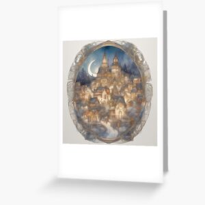 Snowy Christmas Village with Moon and Nouveau Border Greeting Card