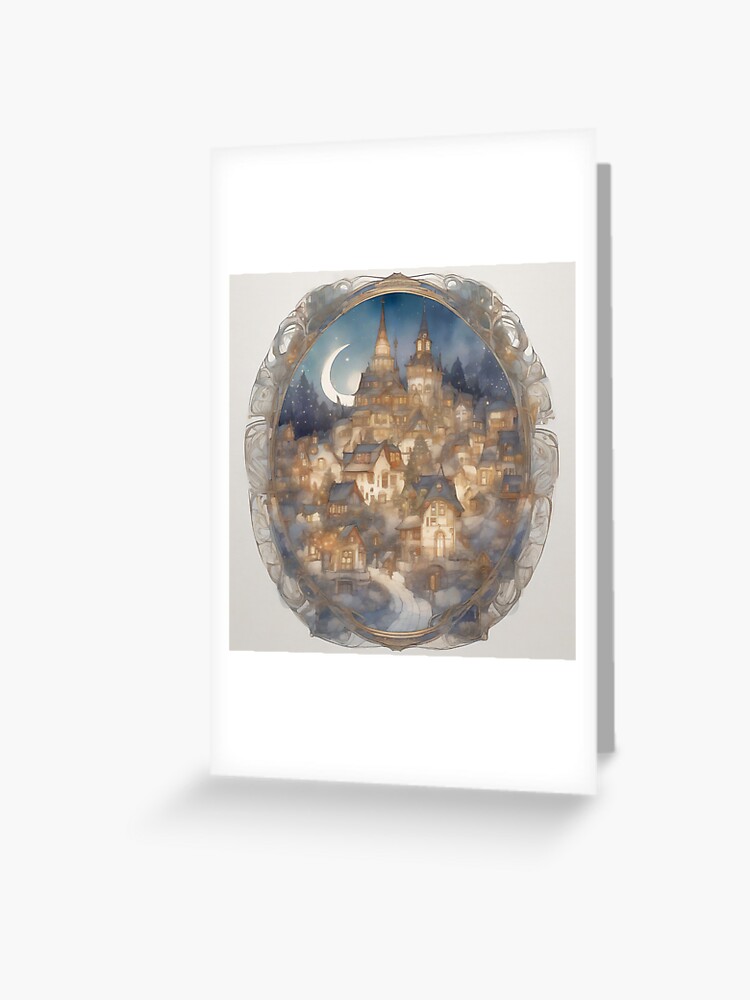 Snowy Christmas Village with Moon and Nouveau Border Greeting Card