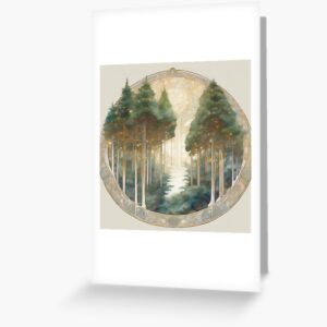 Pine Trees with Golden Glow and Art Nouveau Border Greeting Card