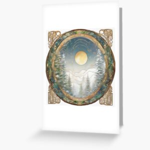 Moonlit Winter Mountains with Art Nouveau Border Greeting Card