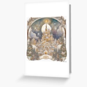 Moonlit Christmas Village with Snow and Art Nouveau Border Greeting Card