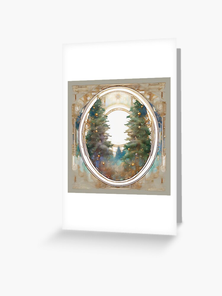 Sunlit Christmas Forest with Art Nouveau Border" Greeting Card